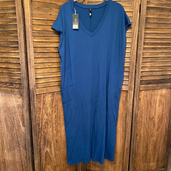 Yala Sloane V-Neck Cap Sleeve Bamboo Maxi Dress with Pockets Lapis - Picture 3 of 4